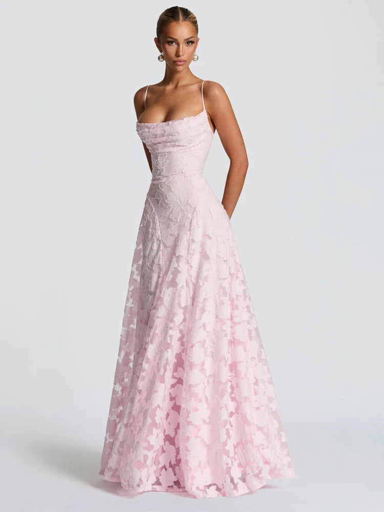 2026 Blumengesticktes Maxikleid für Damen, Sommerparty, Ballkleider, sexy rückenfreie Trägerkleider im französischen Stil, Abendkleid