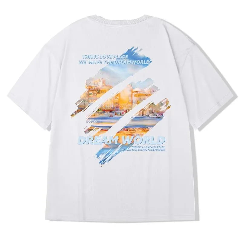 M-8XL 2024 Neu Malerei-Print Rundhals Kurzarm-T-Shirt für Damen und Herren Groß Locker Lässig Fünf-Viertel-Ärmel-Oberteil