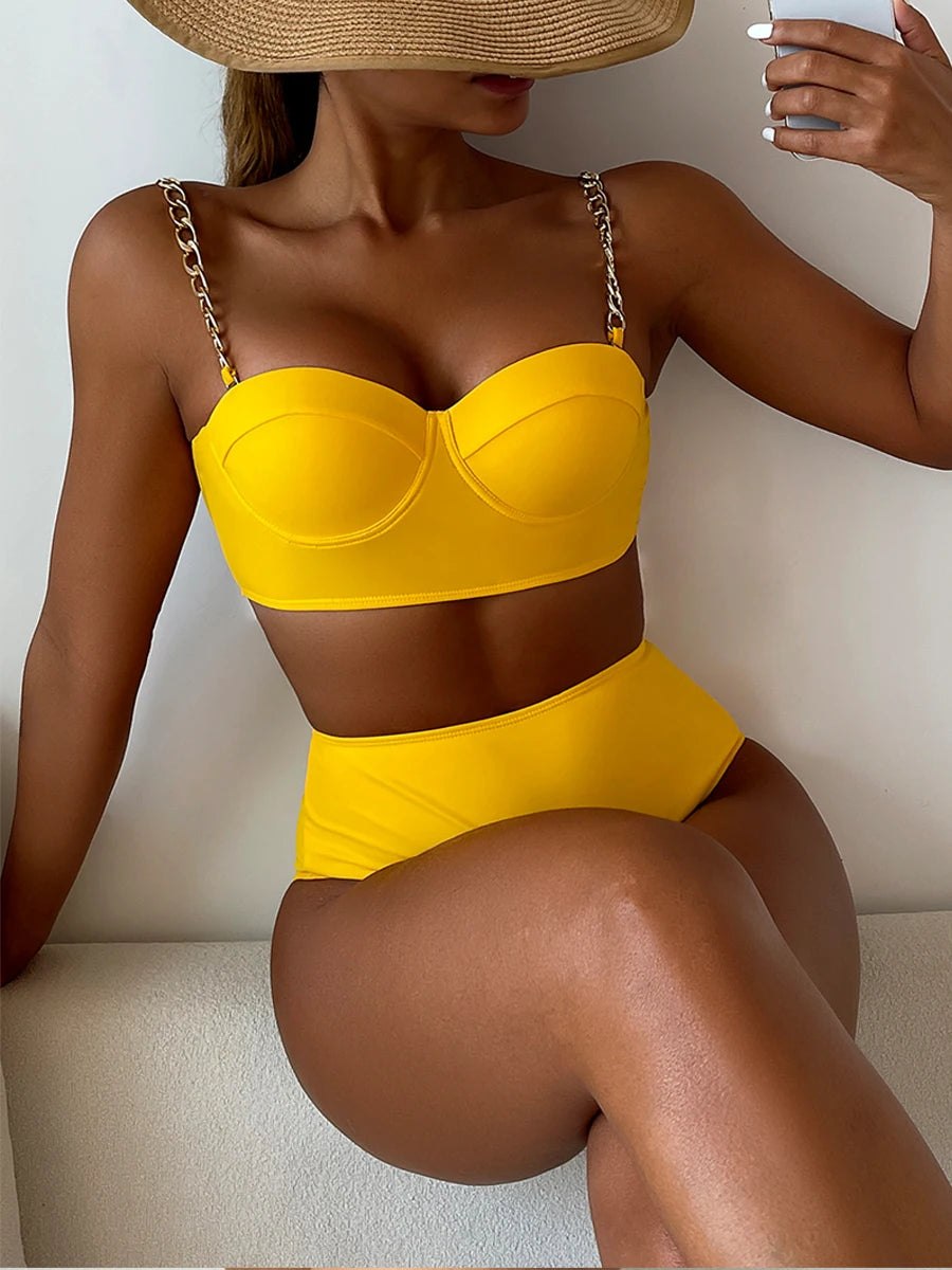 Kettenriemen-Bikinis 2026 Damen einfarbiger Push-up-Badeanzug High Waist Bademode weiblich sexy Badeanzug Schwimmen Sommer Strandmode