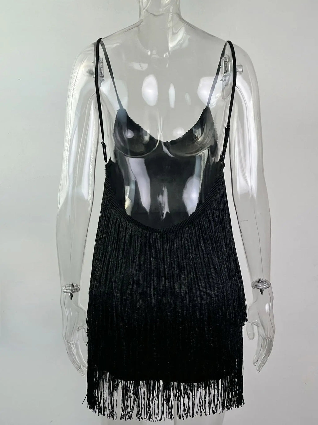 Leosoxs Damen sexy tiefes V-Ausschnitt Spaghettiträger Fransen Bodycon Minikleid Quasten rückenfrei Gatsby Cocktail Club Partykleider