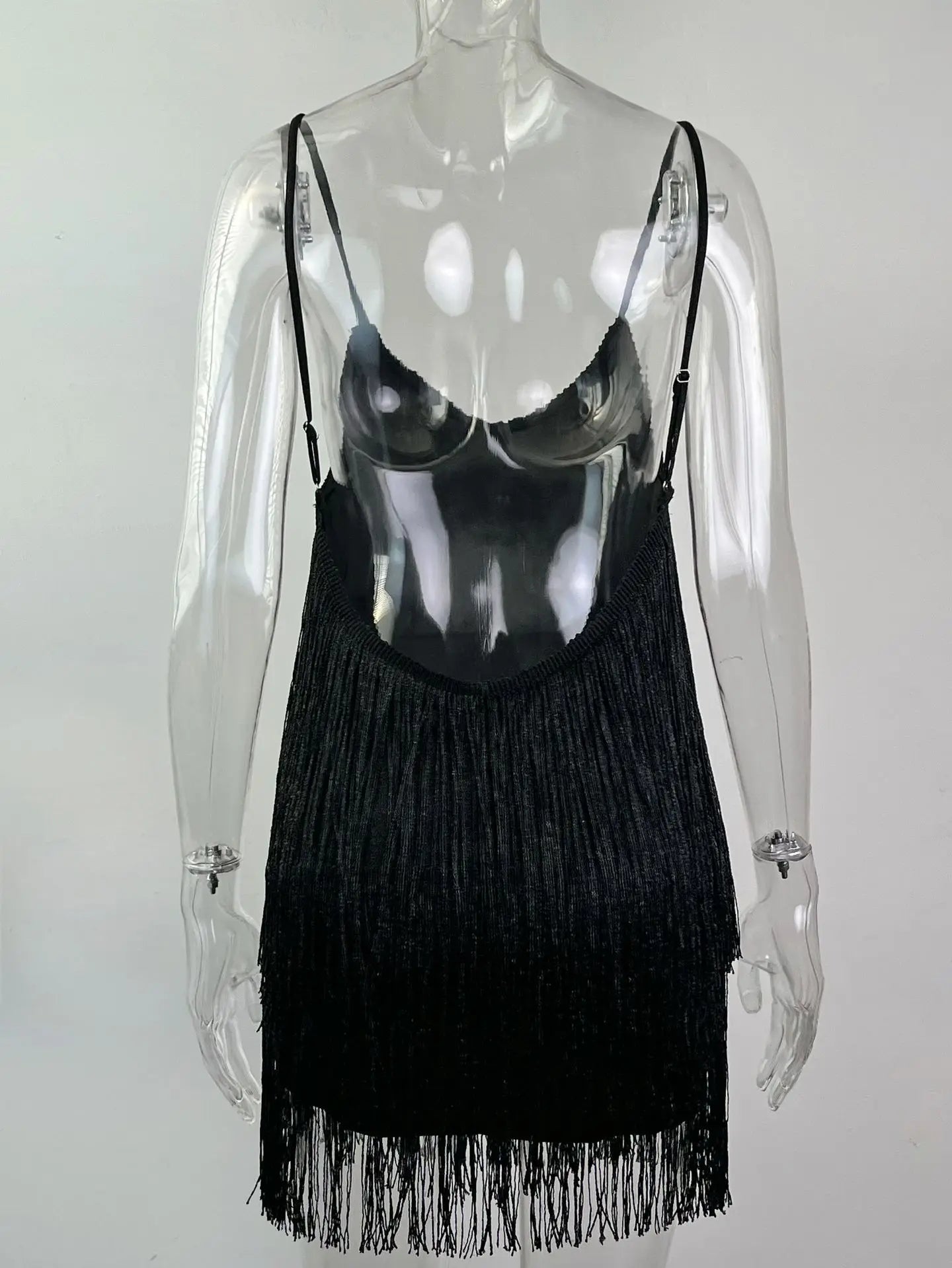 Leosoxs Damen sexy tiefes V-Ausschnitt Spaghettiträger Fransen Bodycon Minikleid Quasten rückenfrei Gatsby Cocktail Club Partykleider