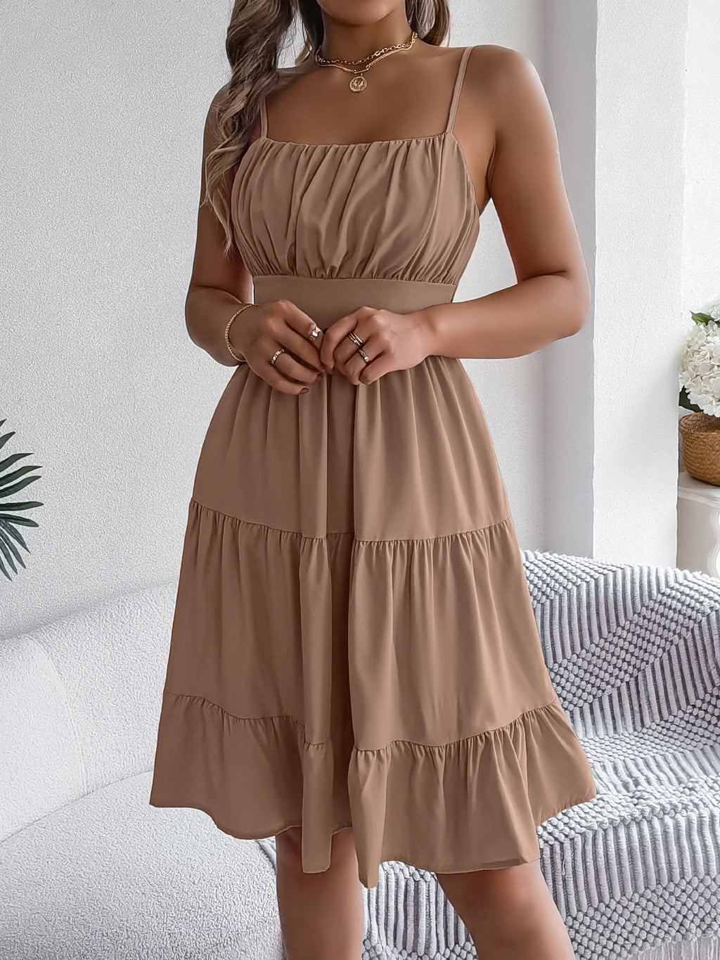 Lässiges Rüschen-Trägerkleid für den Urlaub, Frühling Sommer Damen Einfarbige Kleider für den Valentinstag 2026 Damenbekleidung Rosa Blau