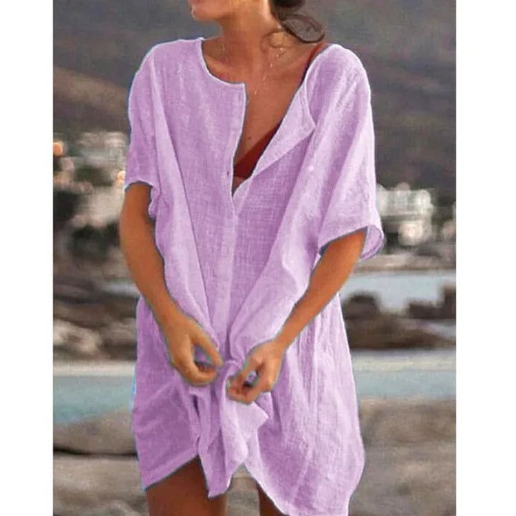 Damen Baumwolle Leinen Lange Bluse Sommer Kurzarm Einfarbige Knopfleiste Bluse Freizeitshirt Vintage Oversized S-8XL FYY1071