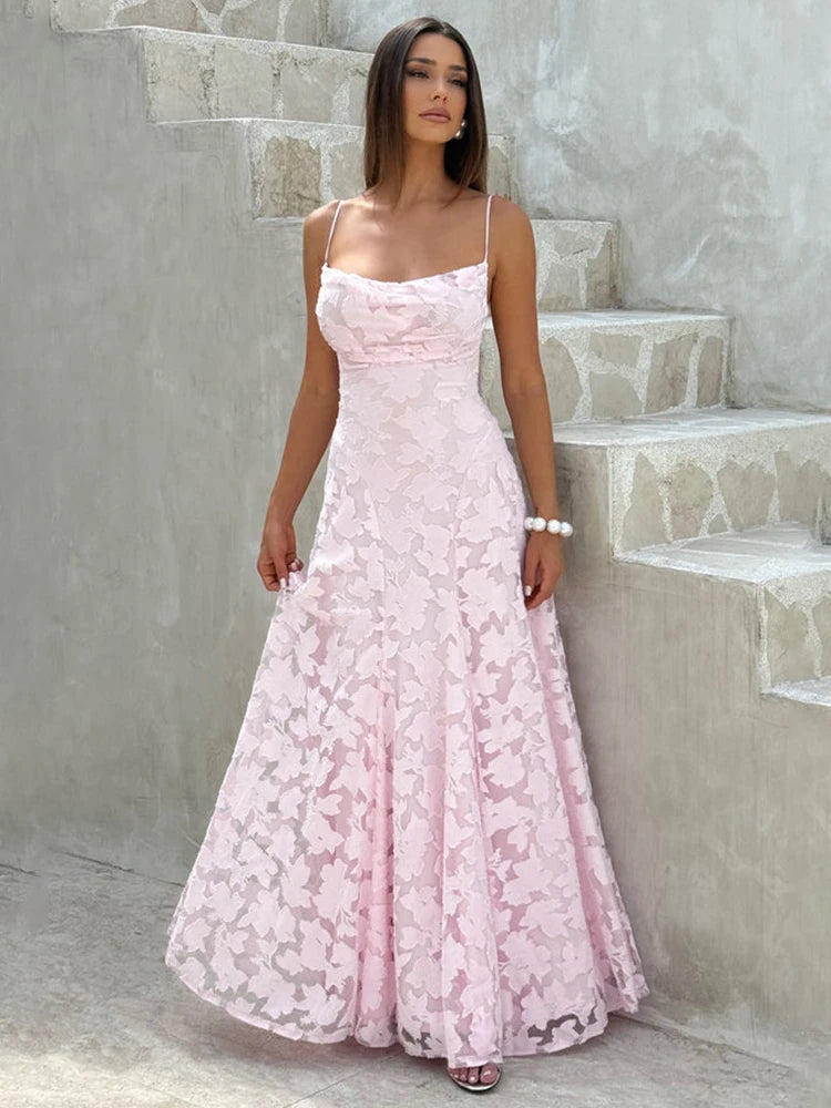 2026 Blumengesticktes Maxikleid für Damen, Sommerparty, Ballkleider, sexy rückenfreie Trägerkleider im französischen Stil, Abendkleid