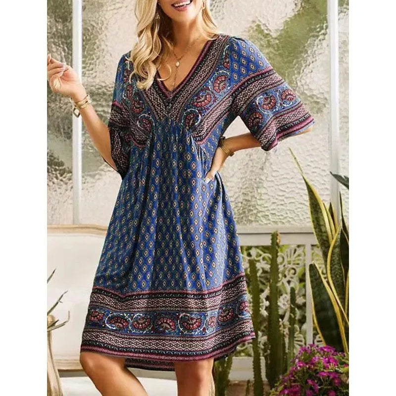 Autumn Women' Dress Summer V-neck Vintage Print Holiday Beach National Style Boho Midi Loose Dresses For Women Casual Vestidos