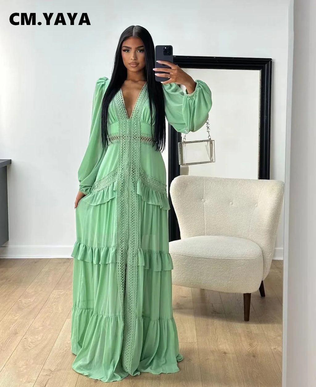 CM.YAYA Damen V-Ausschnitt Langarm Rüschen Spitze Langes Maxi-Kleid 2025 Frühling Strand Urlaub Party Sexy Street Vestidos Sexy Kleider