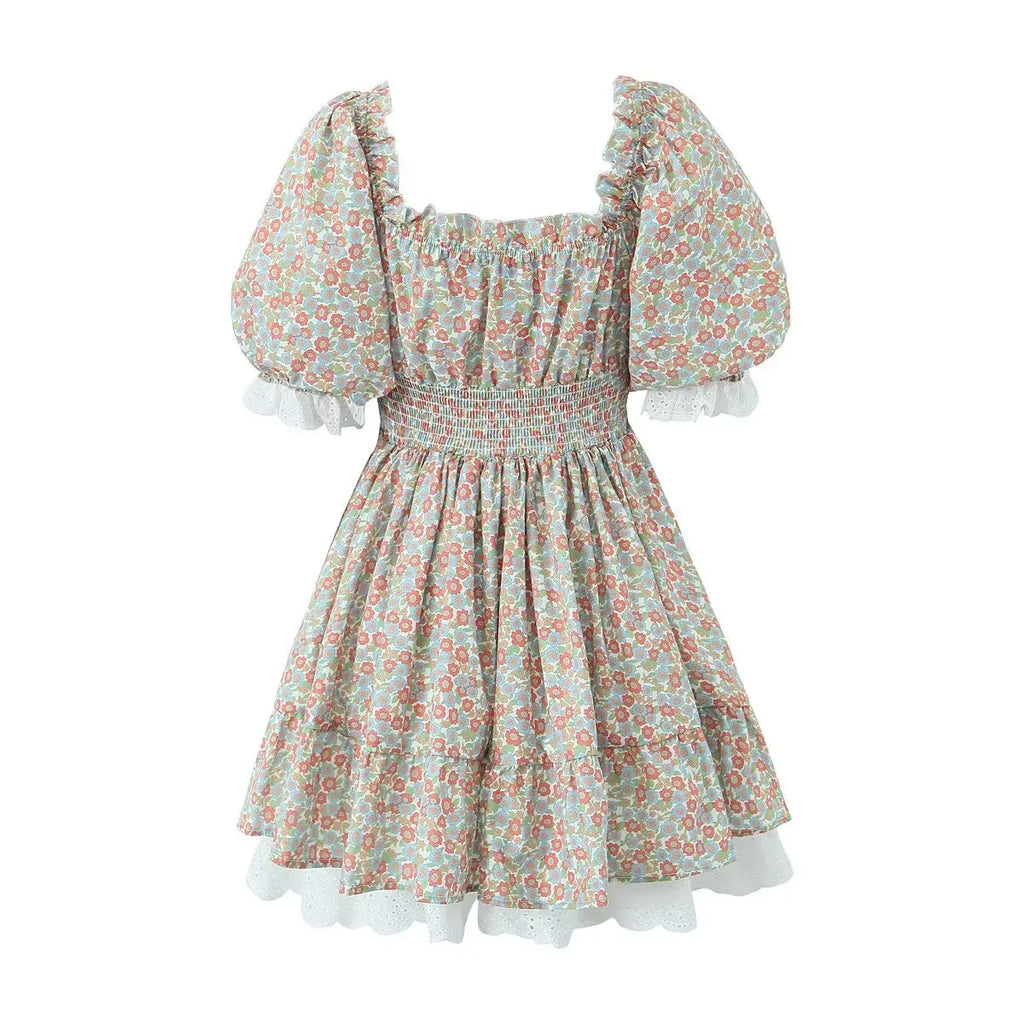 Gypsylady Geblümtes gestuftes Rüschen-Minikleid Spitze Puffärmel Sommerurlaub Sexy Schnürkleid Damen Kleider Party Damen Vestidos Neu