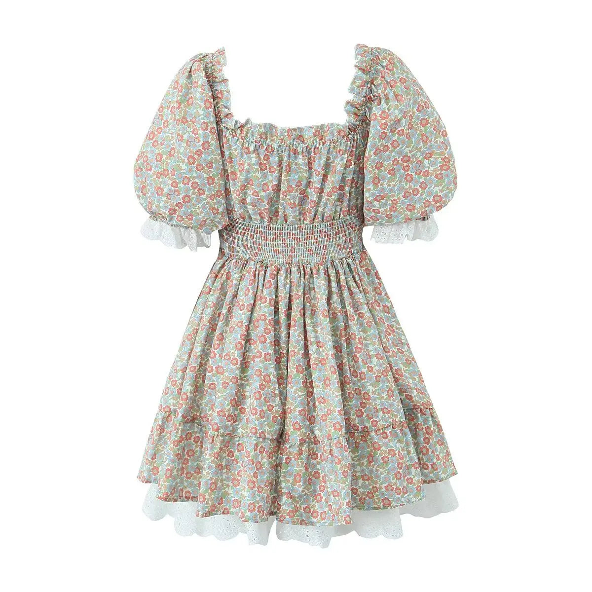Gypsylady Geblümtes gestuftes Rüschen-Minikleid Spitze Puffärmel Sommerurlaub Sexy Schnürkleid Damen Kleider Party Damen Vestidos Neu
