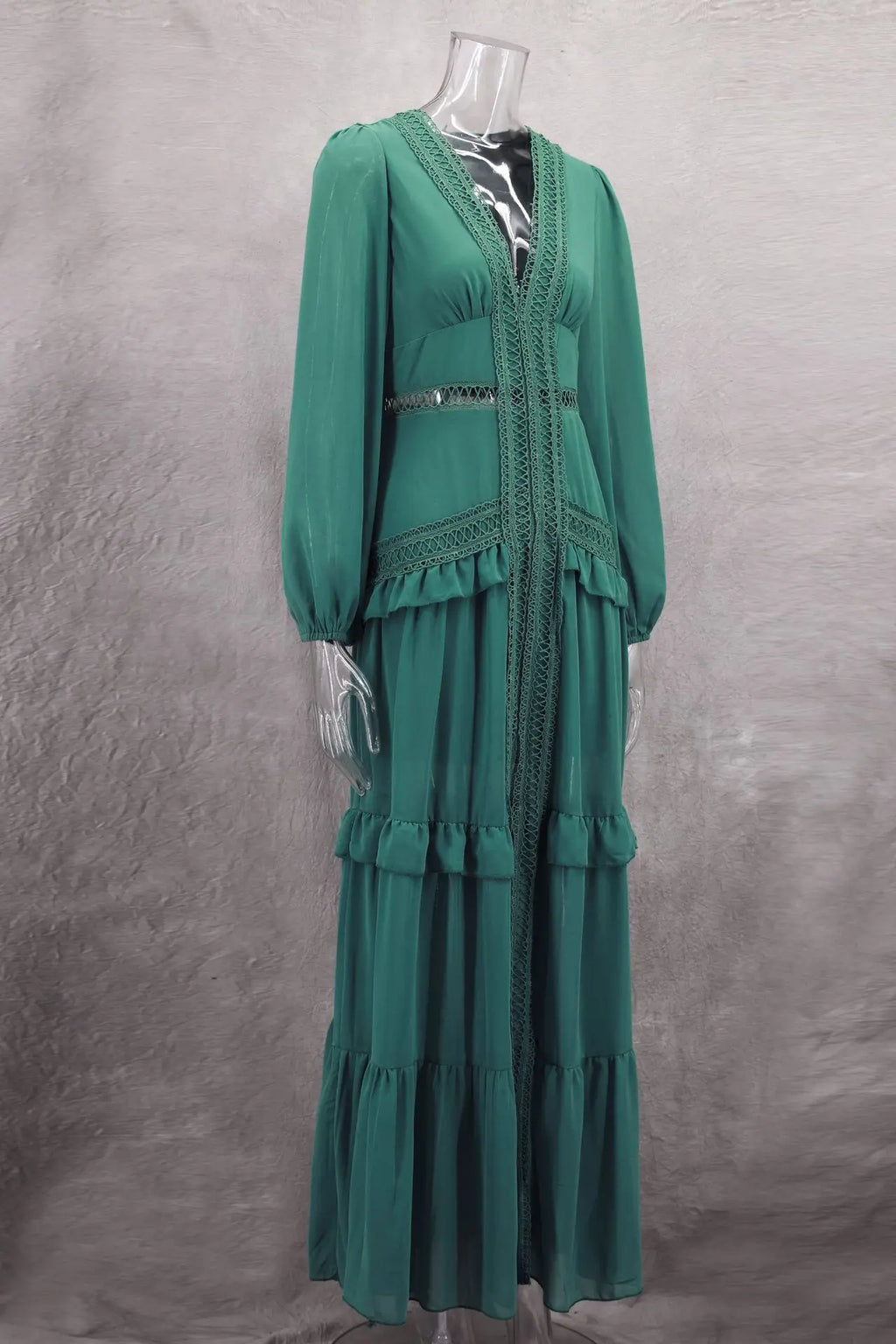 CM.YAYA Damen V-Ausschnitt Langarm Rüschen Spitze Langes Maxi-Kleid 2025 Frühling Strand Urlaub Party Sexy Street Vestidos Sexy Kleider