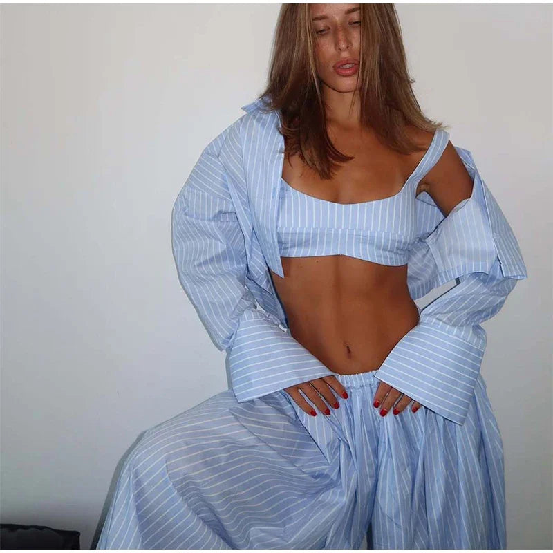 Women Low-rise Lantern Pants 3-piece Set Casual Striped Sleeveless Vest Long Sleeve Lapel Shirt Sets 2026 Lady Street Outfits