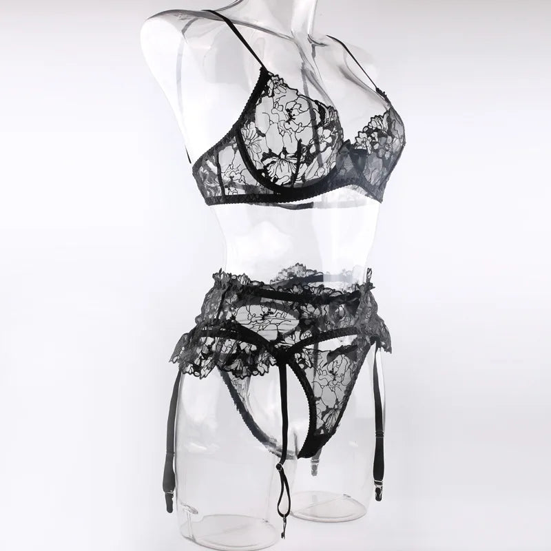 Black Bow Embroidery See-Through Woman Lingerie 3Pcs Sexy Romantic Female Bra And Panty Garters Sets Exotic Onlyfans Kit