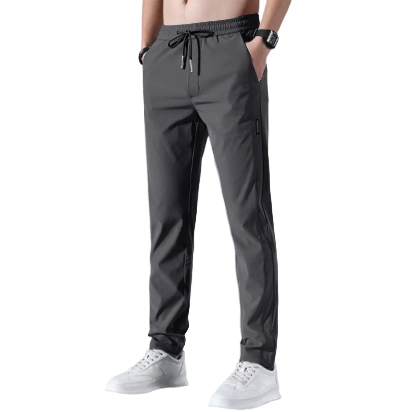 Herren Fast Dry Stretchhose Eisseidehose Einfarbig Mittlere Taille Locker Atmungsaktive Straight-Leg Freizeithose Dünne Sporthose