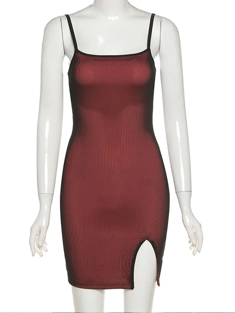 Mesh doppellagiges sexy schmales Kleid Damen ärmellos Party Bodycon 2023 Bandage elastischer Schlitz Trend Clubwear eng anliegendes Outfit