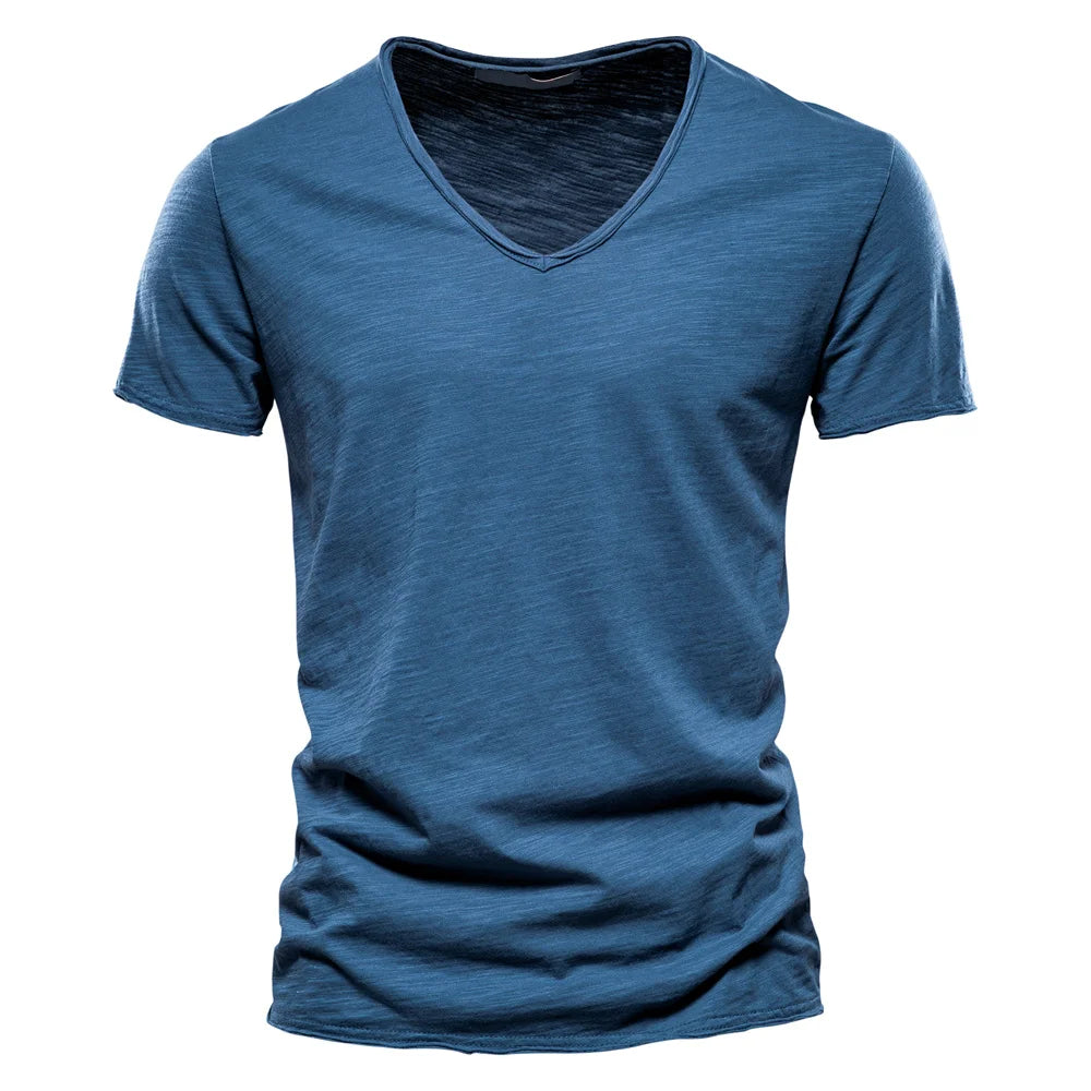 Brand Quality 100% Baumwolle Herren T-Shirt V-Ausschnitt Fashion Design Slim Fit Uni T-Shirts Herren Oberteile Kurzarm T-Shirt Für Herren