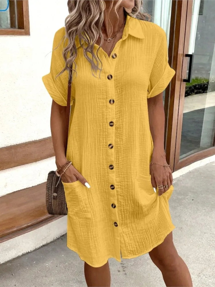 Sommerliches, einfarbiges, schlichtes Kurzarm-Hemdkleid für Damen mit Umlegekragen, einreihig, lässig-elegant, locker geschnitten