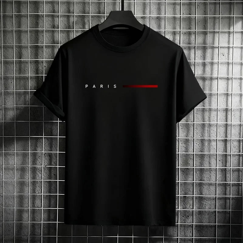 Herren 100% Baumwolle Sommer Locker PARIS Kreativer Buchstabenprint Freizeit Slim Fit Rundhals Kurzarm T-Shirt Oberteil