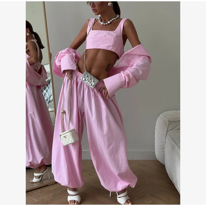 Women Low-rise Lantern Pants 3-piece Set Casual Striped Sleeveless Vest Long Sleeve Lapel Shirt Sets 2026 Lady Street Outfits