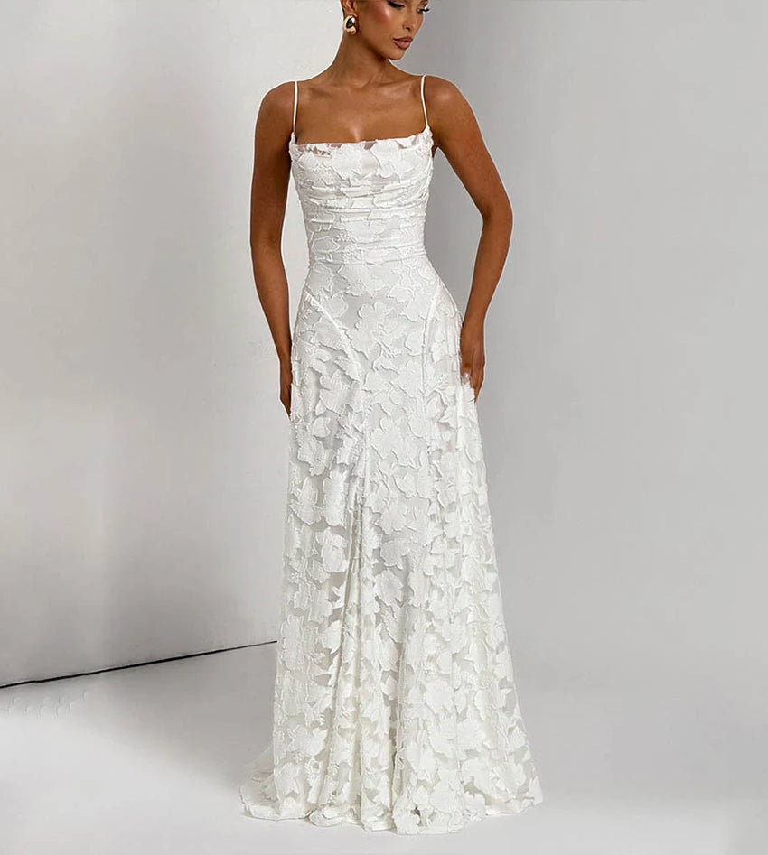 2026 Blumengesticktes Maxikleid für Damen, Sommerparty, Ballkleider, sexy rückenfreie Trägerkleider im französischen Stil, Abendkleid