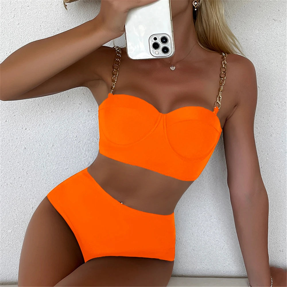 Kettenriemen-Bikinis 2026 Damen einfarbiger Push-up-Badeanzug High Waist Bademode weiblich sexy Badeanzug Schwimmen Sommer Strandmode