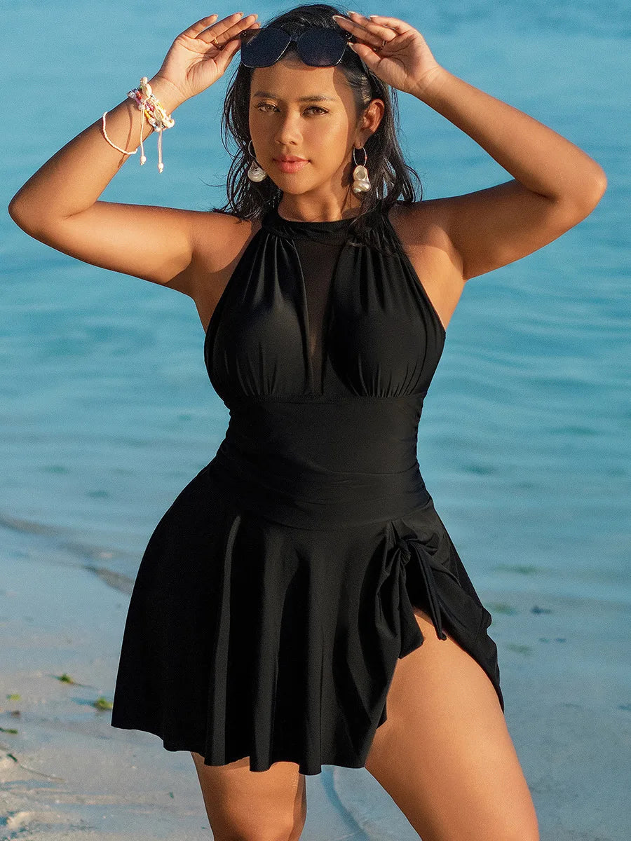 2025 Sexy Großer Einteiliger Bikini Damenkleid Solider Badeanzug Eng Anliegender Push-Up Damenkleid Bademode Netz-Strandrock Badeanzug