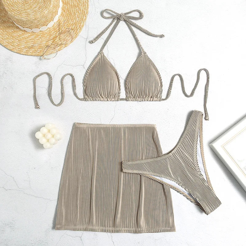 3-teiliger gerippter Bikini 2026, Neckholder-Triangel-Bikini & Rock, Bademode, Damen-Badeanzug, weibliche Strandmode