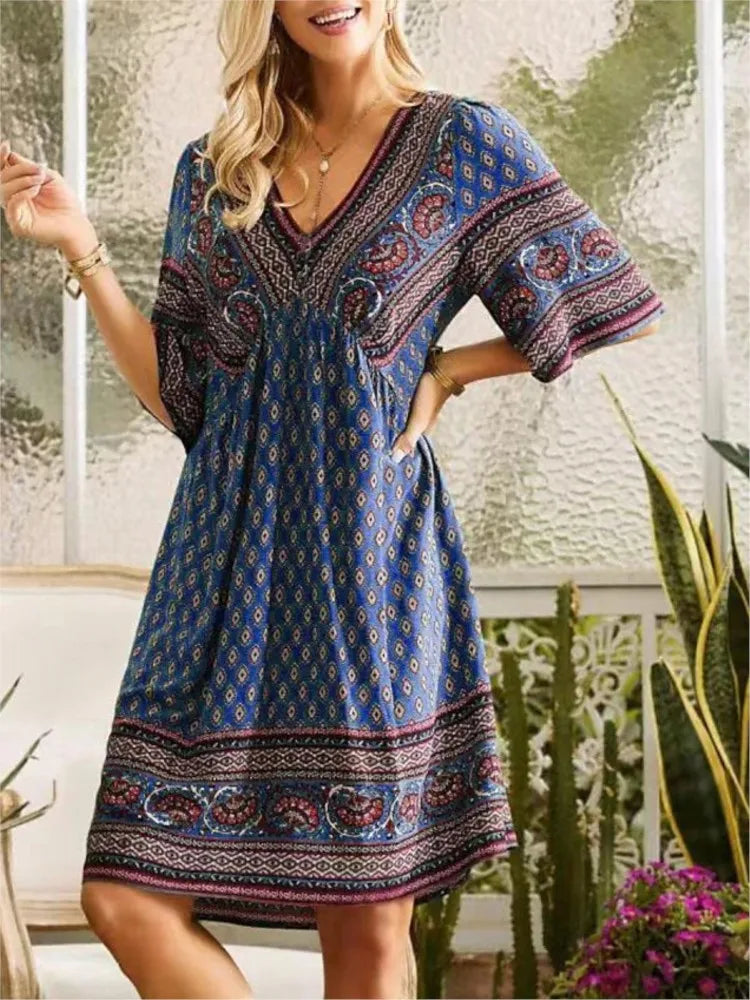 Autumn Women' Dress Summer V-neck Vintage Print Holiday Beach National Style Boho Midi Loose Dresses For Women Casual Vestidos