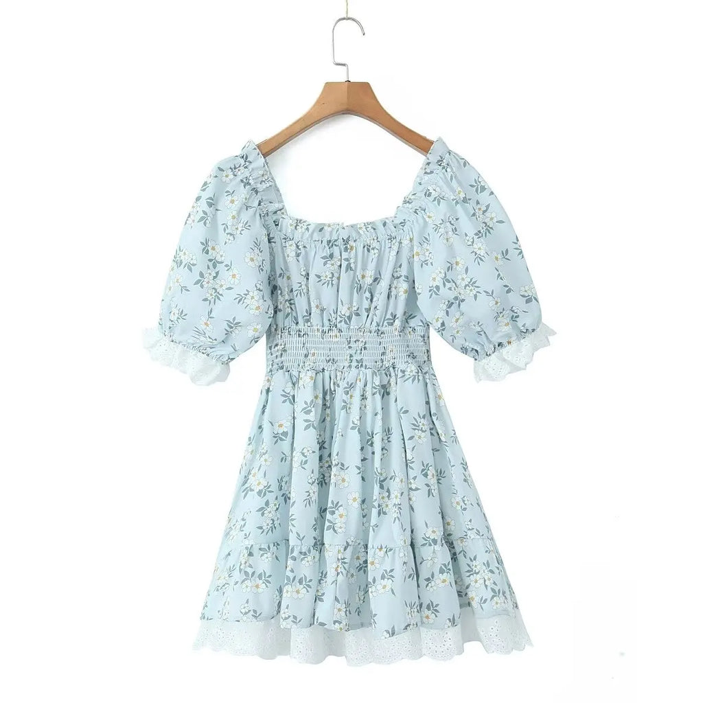 Gypsylady Geblümtes gestuftes Rüschen-Minikleid Spitze Puffärmel Sommerurlaub Sexy Schnürkleid Damen Kleider Party Damen Vestidos Neu