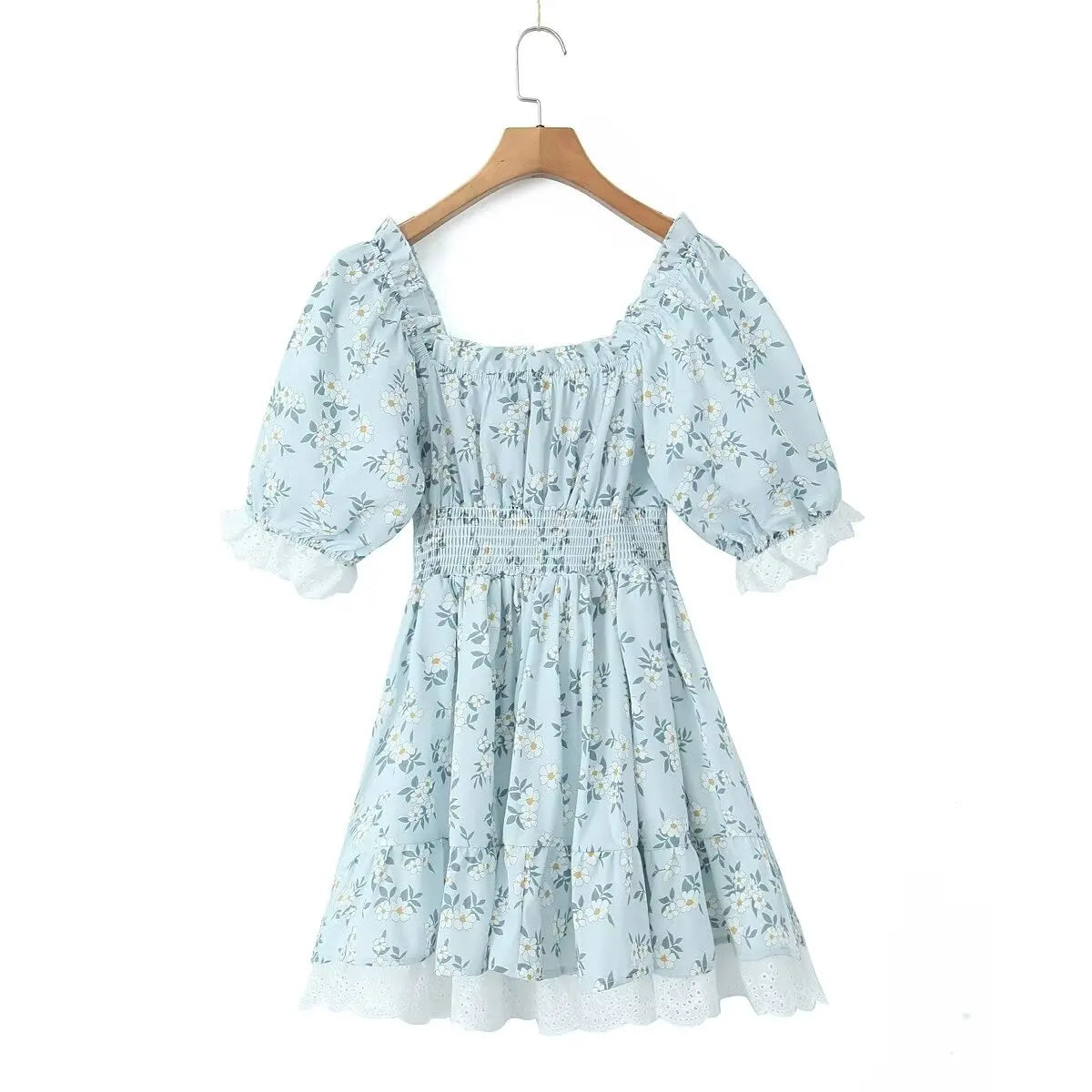 Gypsylady Geblümtes gestuftes Rüschen-Minikleid Spitze Puffärmel Sommerurlaub Sexy Schnürkleid Damen Kleider Party Damen Vestidos Neu