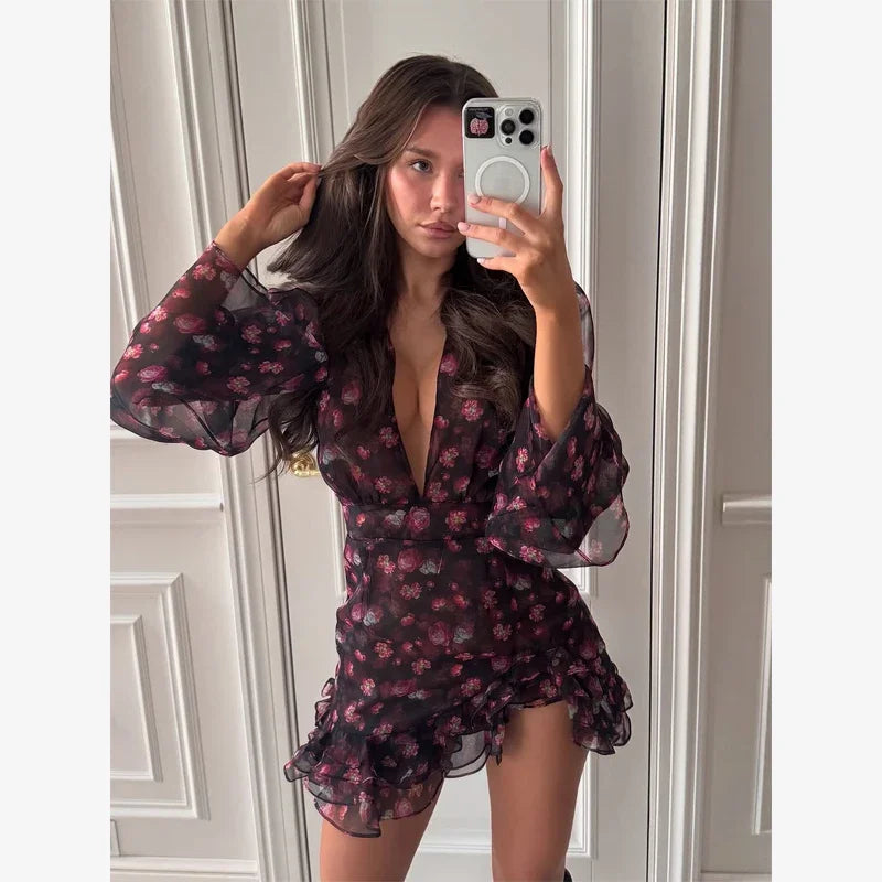 Chic Ruffle Print Slim Short Dress Women Chic Patchwork Flared sleeves V-neck Pleated Dresses 2026 Lady Summer Casual Vestido