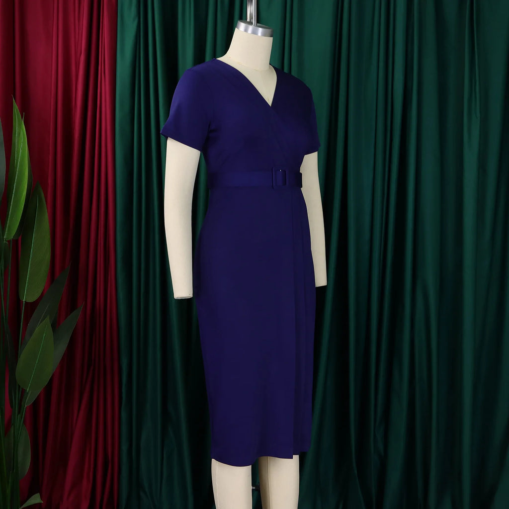 Summer New 2026 Women's Solid Color V-Neck Short Sleeve Dress Pencil Skirt Waist Tunle Material Fashionable Casual Maxi Dress