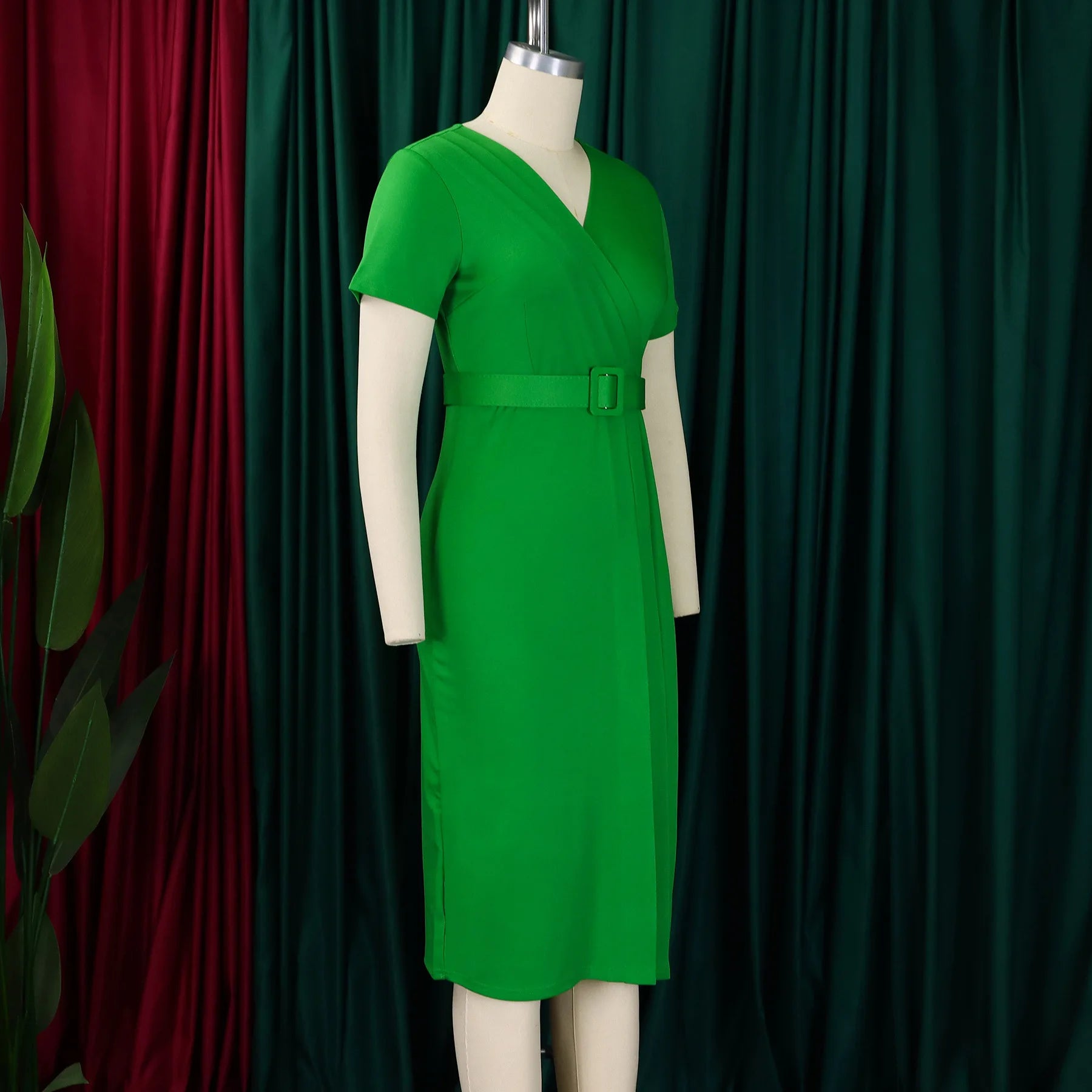 Summer New 2026 Women's Solid Color V-Neck Short Sleeve Dress Pencil Skirt Waist Tunle Material Fashionable Casual Maxi Dress