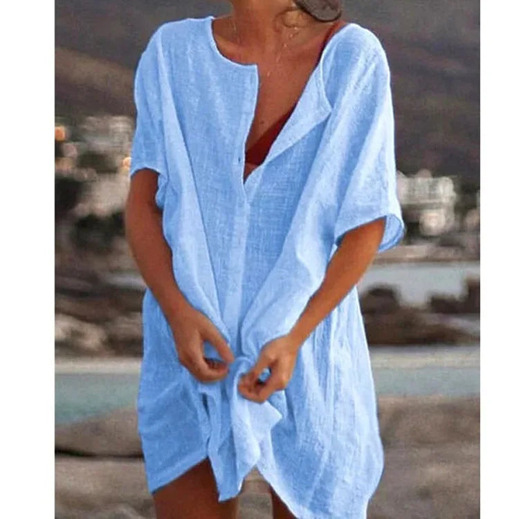 Damen Baumwolle Leinen Lange Bluse Sommer Kurzarm Einfarbige Knopfleiste Bluse Freizeitshirt Vintage Oversized S-8XL FYY1071