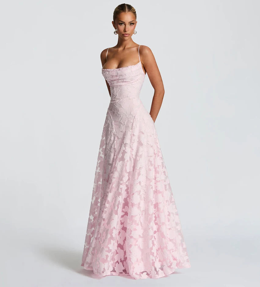 2026 Blumengesticktes Maxikleid für Damen, Sommerparty, Ballkleider, sexy rückenfreie Trägerkleider im französischen Stil, Abendkleid