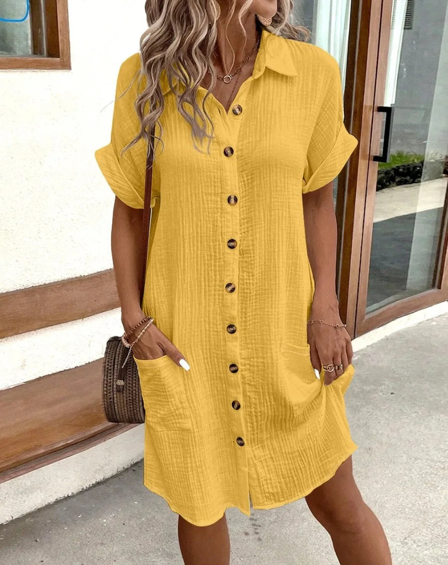 Sommerliches, einfarbiges, schlichtes Kurzarm-Hemdkleid für Damen mit Umlegekragen, einreihig, lässig-elegant, locker geschnitten