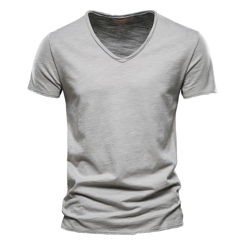 Brand Quality 100% Baumwolle Herren T-Shirt V-Ausschnitt Fashion Design Slim Fit Uni T-Shirts Herren Oberteile Kurzarm T-Shirt Für Herren