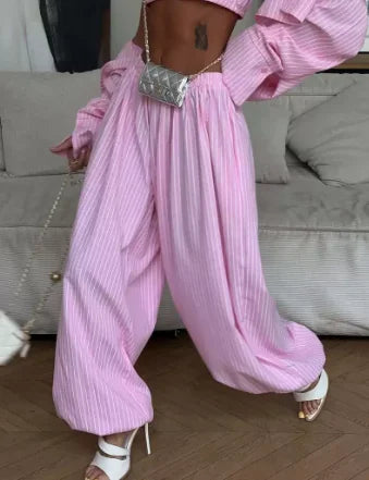 Women Low-rise Lantern Pants 3-piece Set Casual Striped Sleeveless Vest Long Sleeve Lapel Shirt Sets 2026 Lady Street Outfits