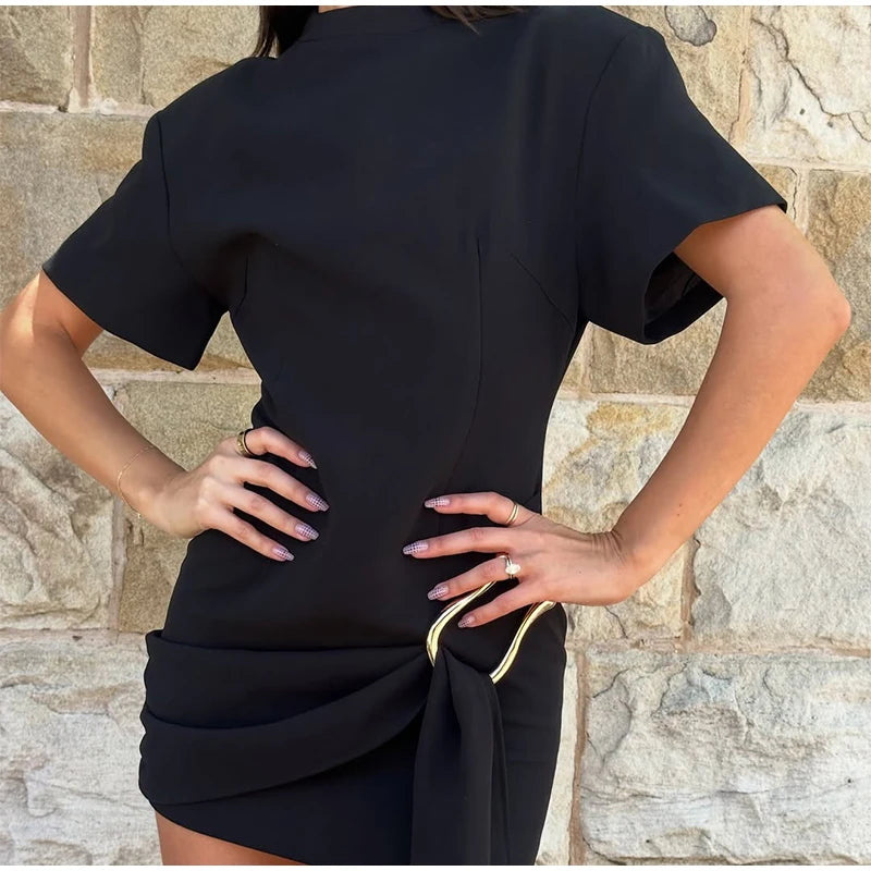Elegantes Minikleid Damen Schleifen Schmal O-Ausschnitt Kurzarm Über dem Knie Kleider Weiblich Frühling Sommer Partykleid Lady High Street