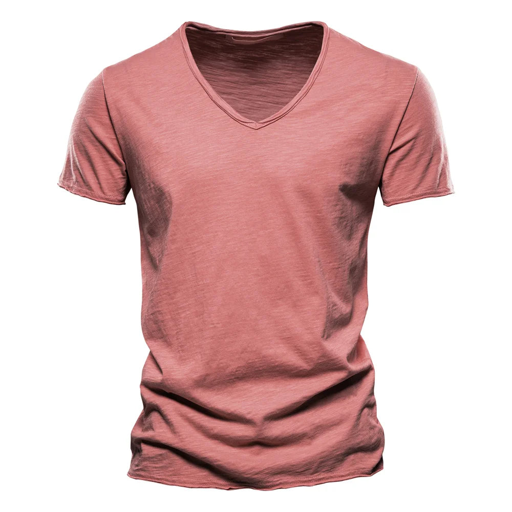 Brand Quality 100% Baumwolle Herren T-Shirt V-Ausschnitt Fashion Design Slim Fit Uni T-Shirts Herren Oberteile Kurzarm T-Shirt Für Herren