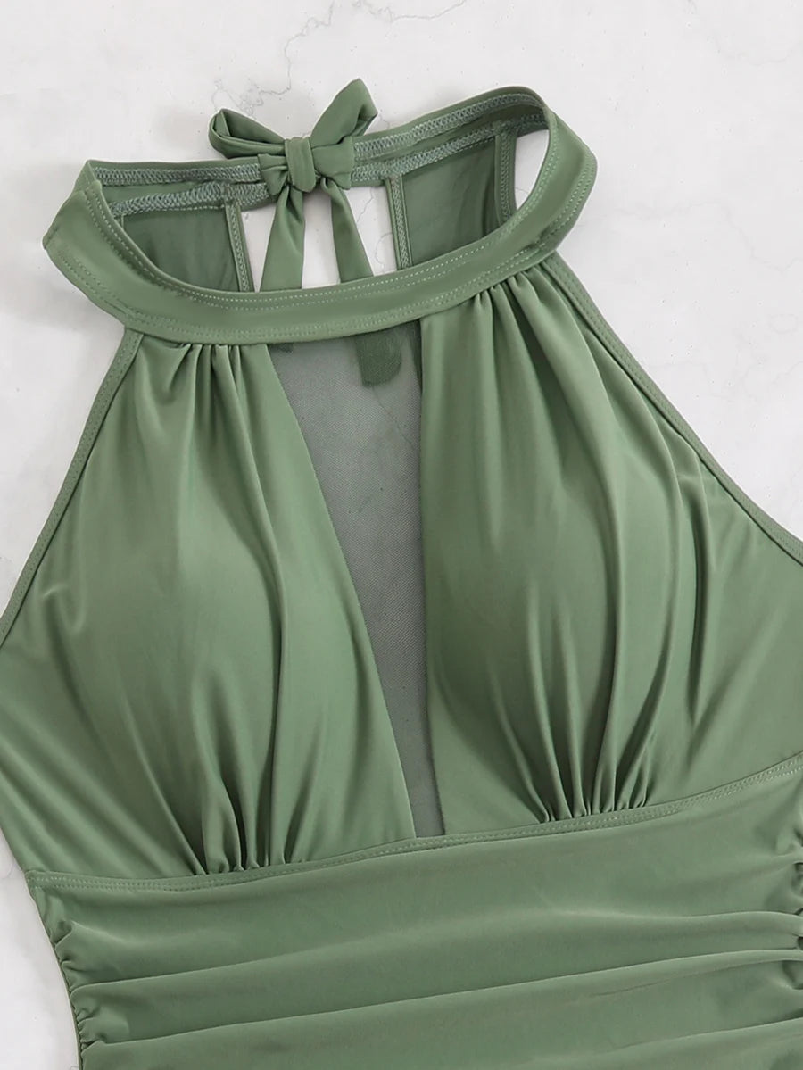 2025 Sexy Großer Einteiliger Bikini Damenkleid Solider Badeanzug Eng Anliegender Push-Up Damenkleid Bademode Netz-Strandrock Badeanzug