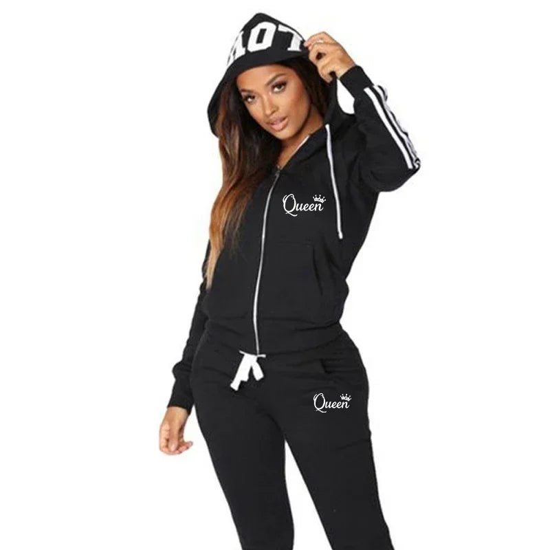 Autumn Winter Queen Printed Women Tracksuit Casual Hooded Sweatshirt 2 Pcs Set Sport Jogging Woman Pants Set Daily Home Clothing