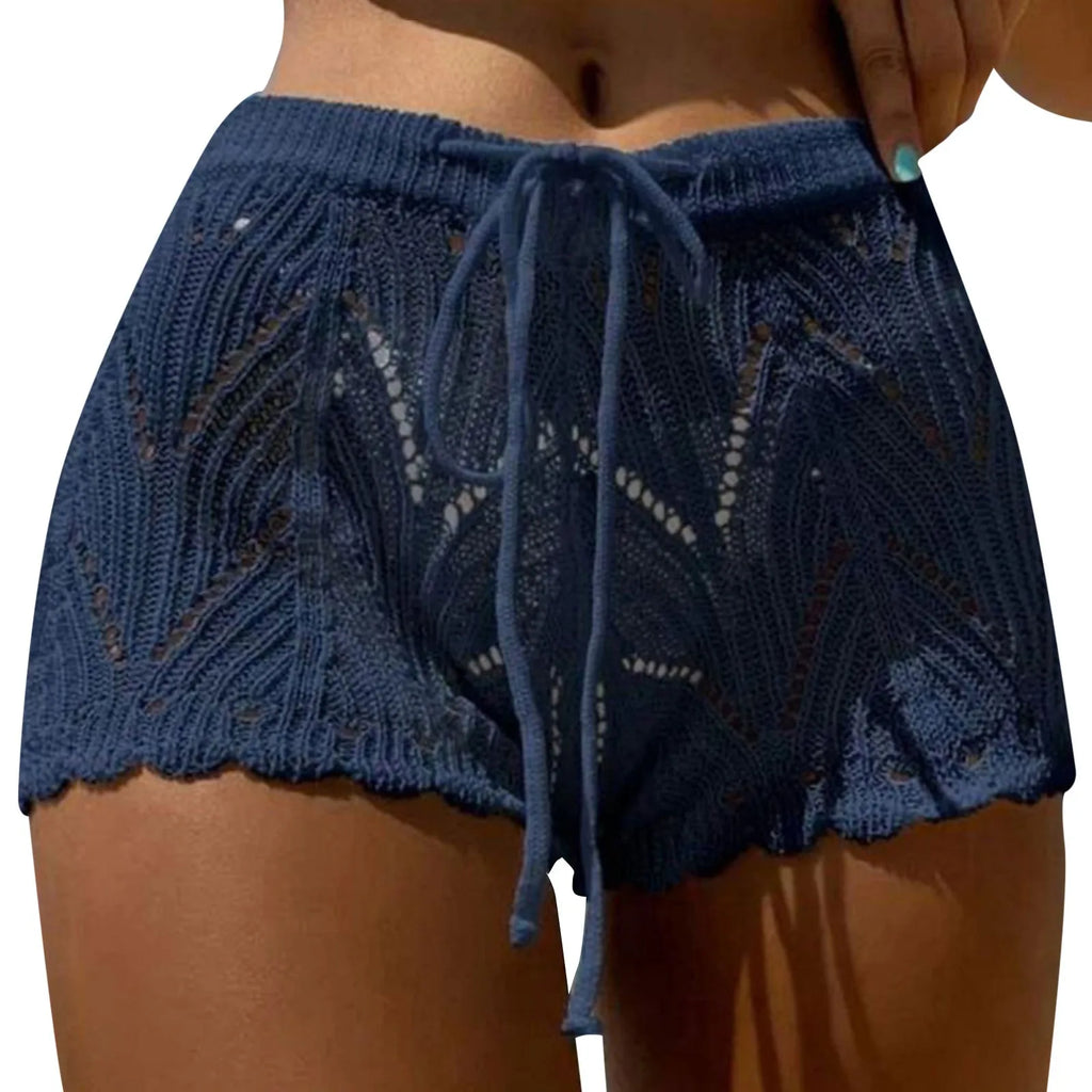 2026 Neue hohle gehäkelte Strick-Badeshorts mit Kordelzug und elastischem Bund für Damen, Sommer, sexy Strand-Cover-Ups, Shorts, Bademode, Pareo