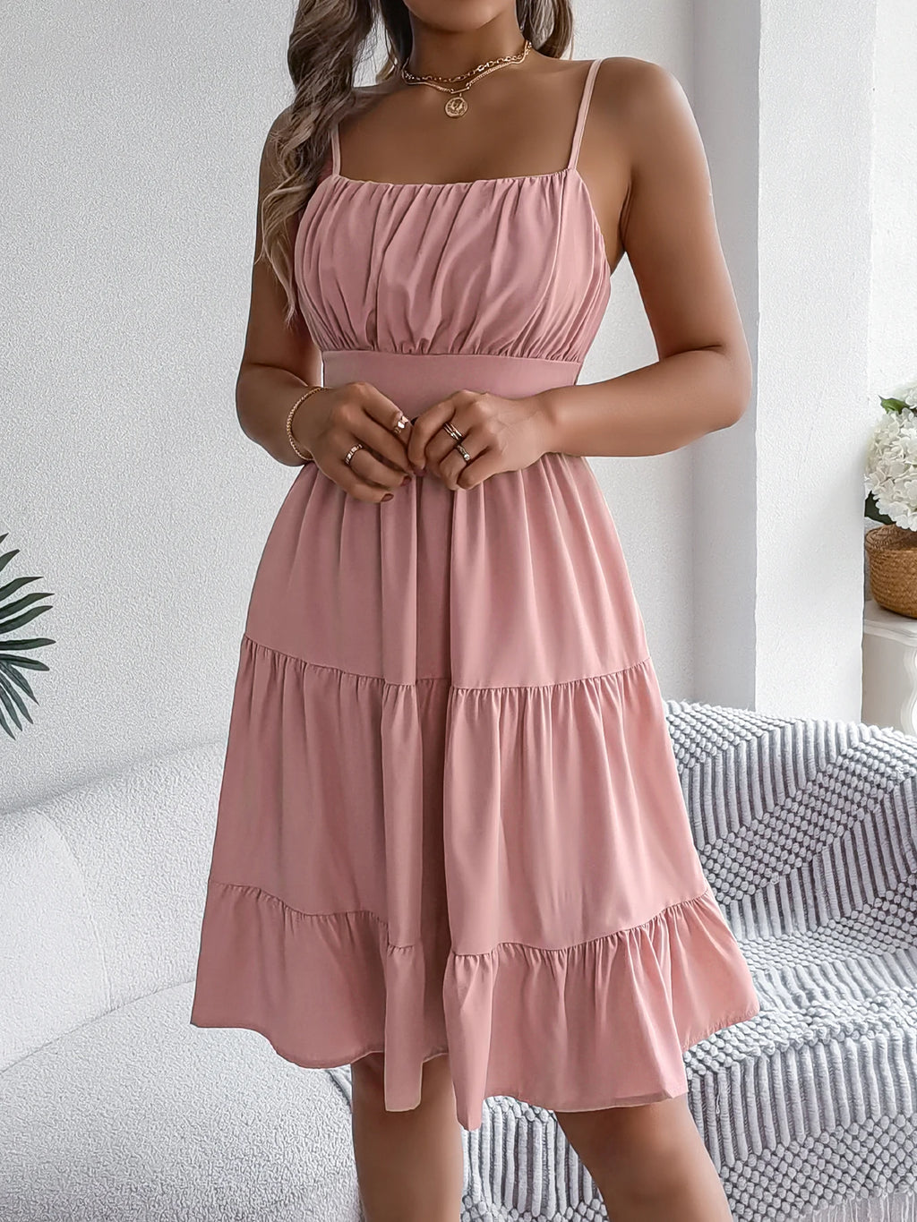 Lässiges Rüschen-Trägerkleid für den Urlaub, Frühling Sommer Damen Einfarbige Kleider für den Valentinstag 2026 Damenbekleidung Rosa Blau