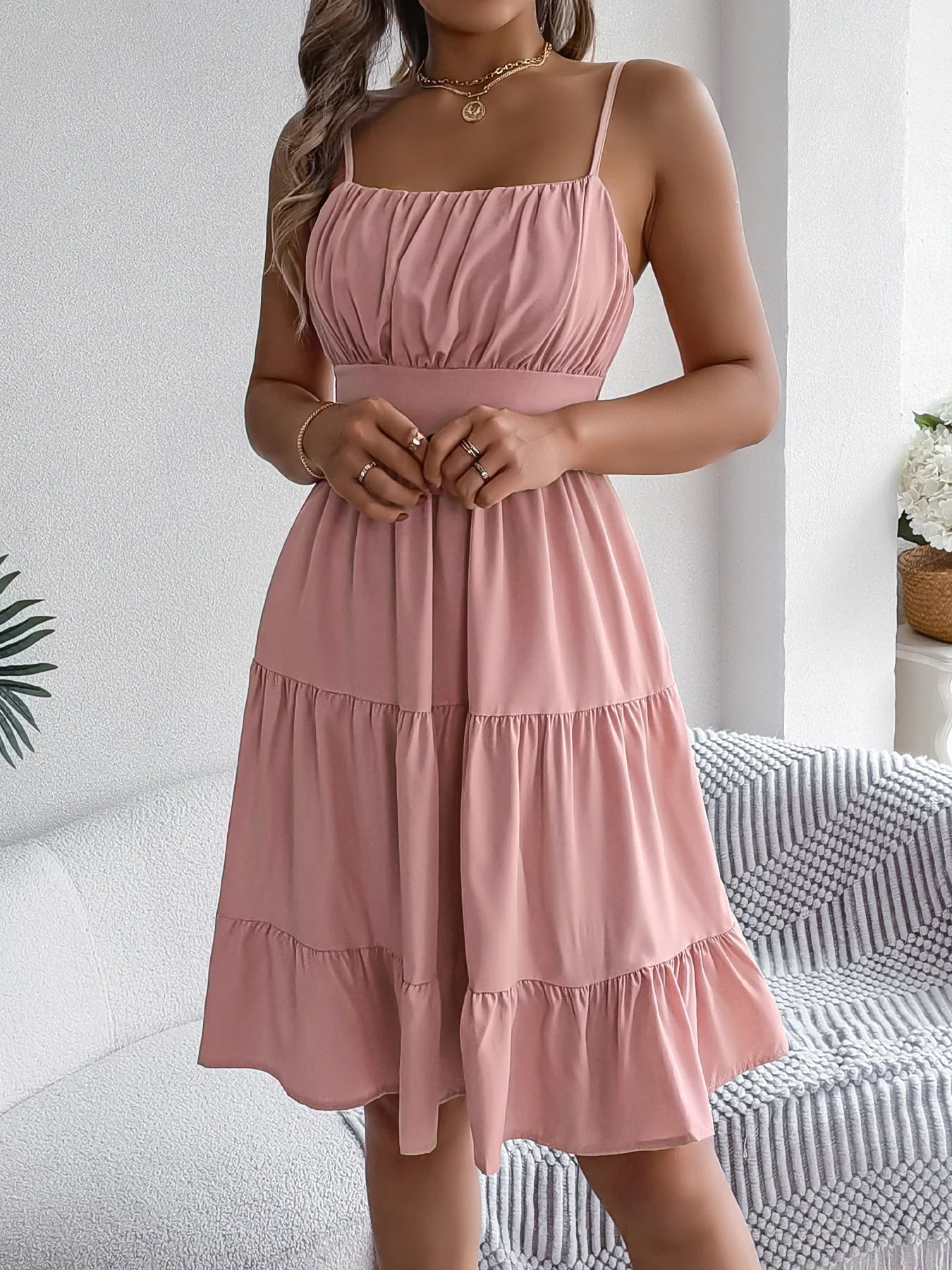 Lässiges Rüschen-Trägerkleid für den Urlaub, Frühling Sommer Damen Einfarbige Kleider für den Valentinstag 2026 Damenbekleidung Rosa Blau