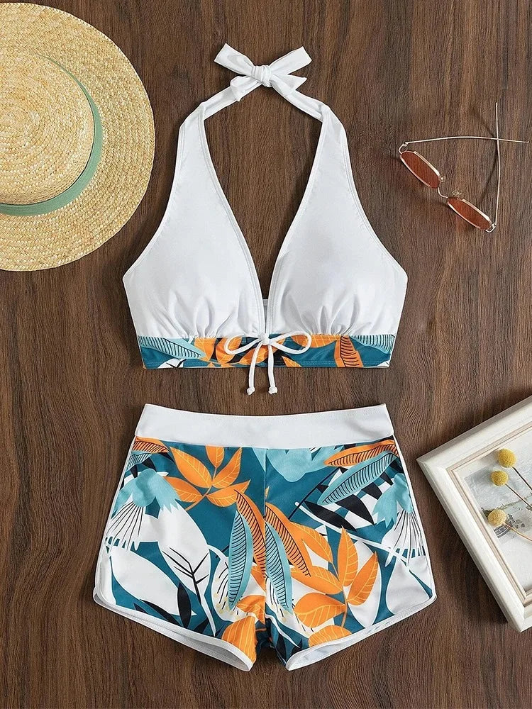 Europa und die Vereinigten Staaten Badeanzug Damen Print Nacken konservativ flacher Winkel hohe Taille Split flacher Winkel Bikini hohe Taille
