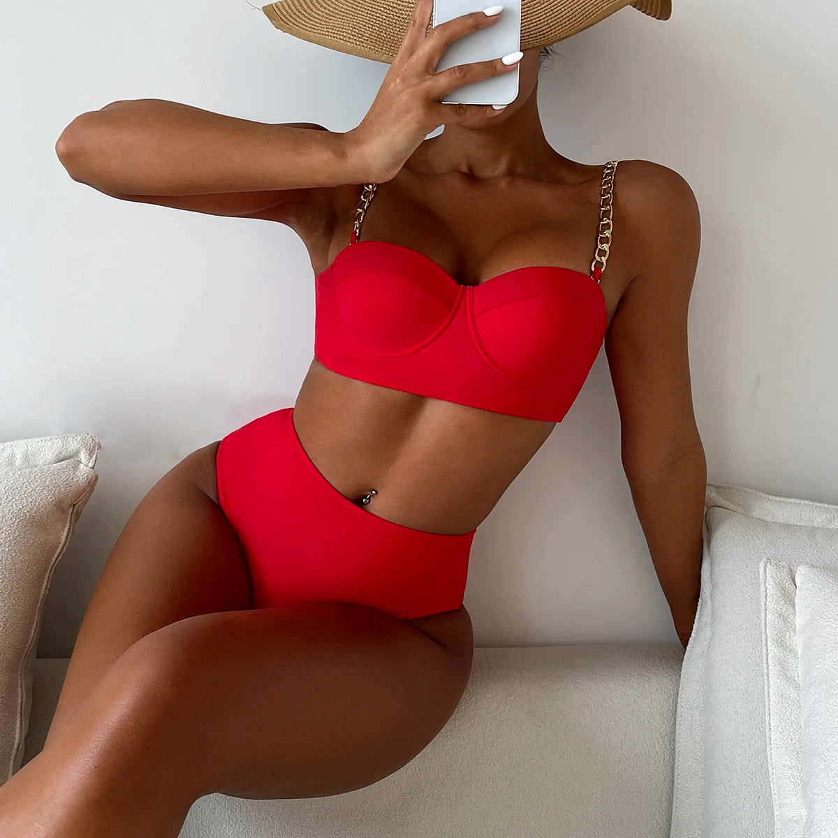 Kettenriemen-Bikinis 2026 Damen einfarbiger Push-up-Badeanzug High Waist Bademode weiblich sexy Badeanzug Schwimmen Sommer Strandmode