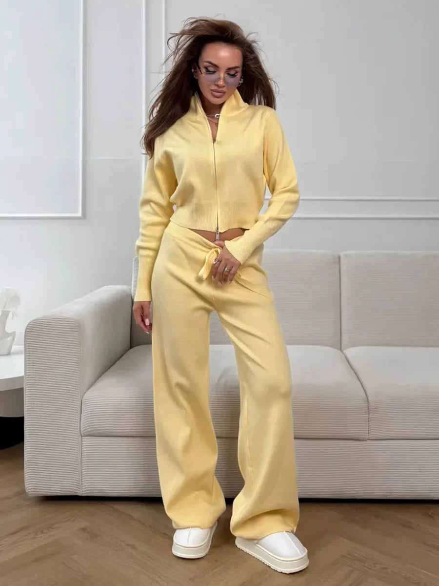 Wolfeel  New Autumn Winter Zip Up Knit Pants Set Women's Trendy Slim Fit Cardigan Pants Chic Commuting Sweater Outfit