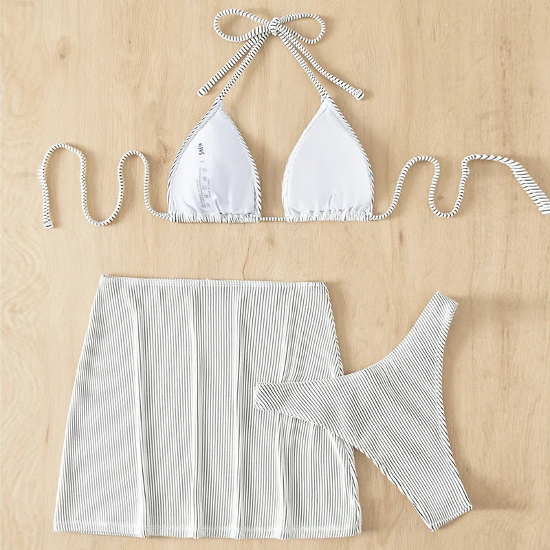 3-teiliger gerippter Bikini 2026, Neckholder-Triangel-Bikini & Rock, Bademode, Damen-Badeanzug, weibliche Strandmode