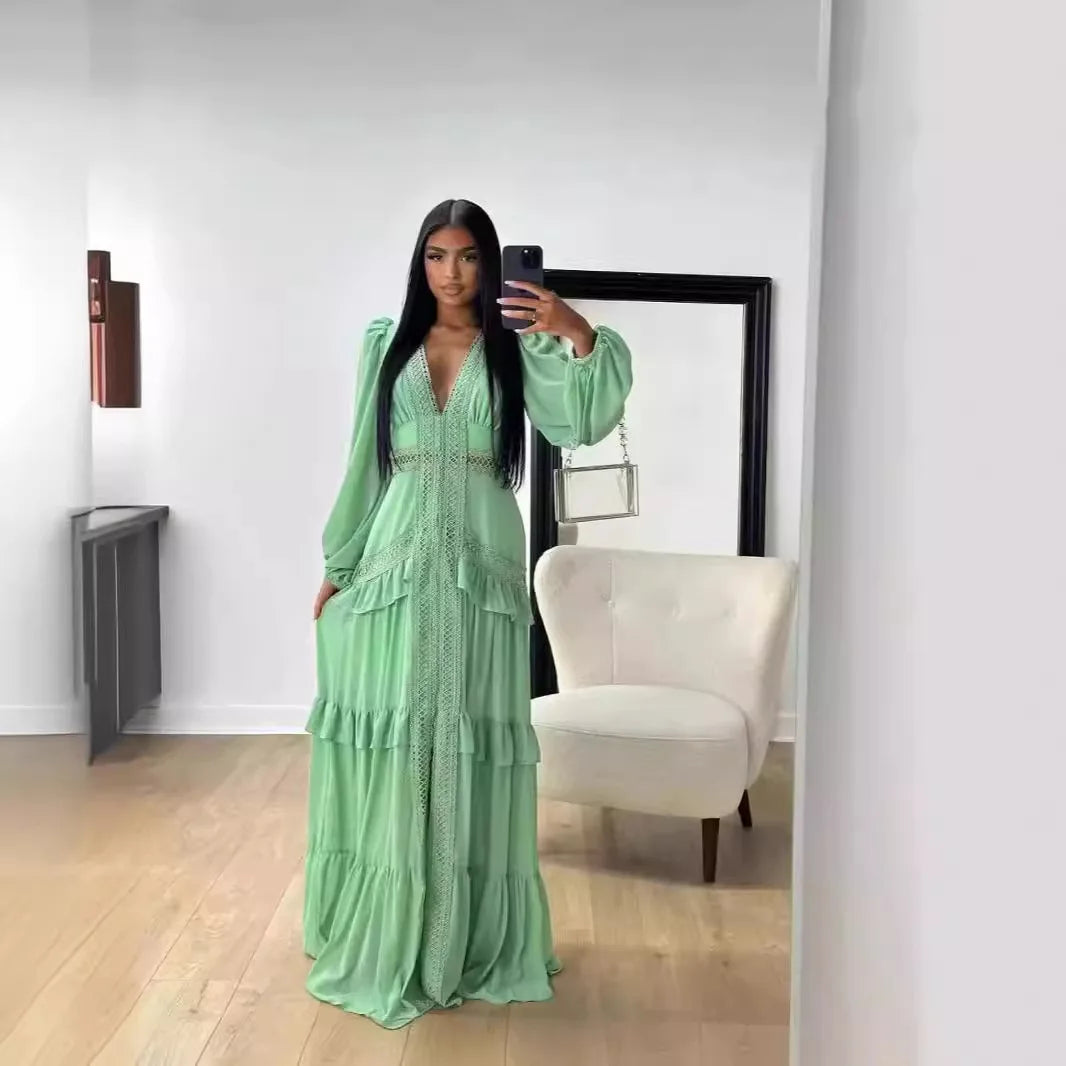 CM.YAYA Damen V-Ausschnitt Langarm Rüschen Spitze Langes Maxi-Kleid 2025 Frühling Strand Urlaub Party Sexy Street Vestidos Sexy Kleider