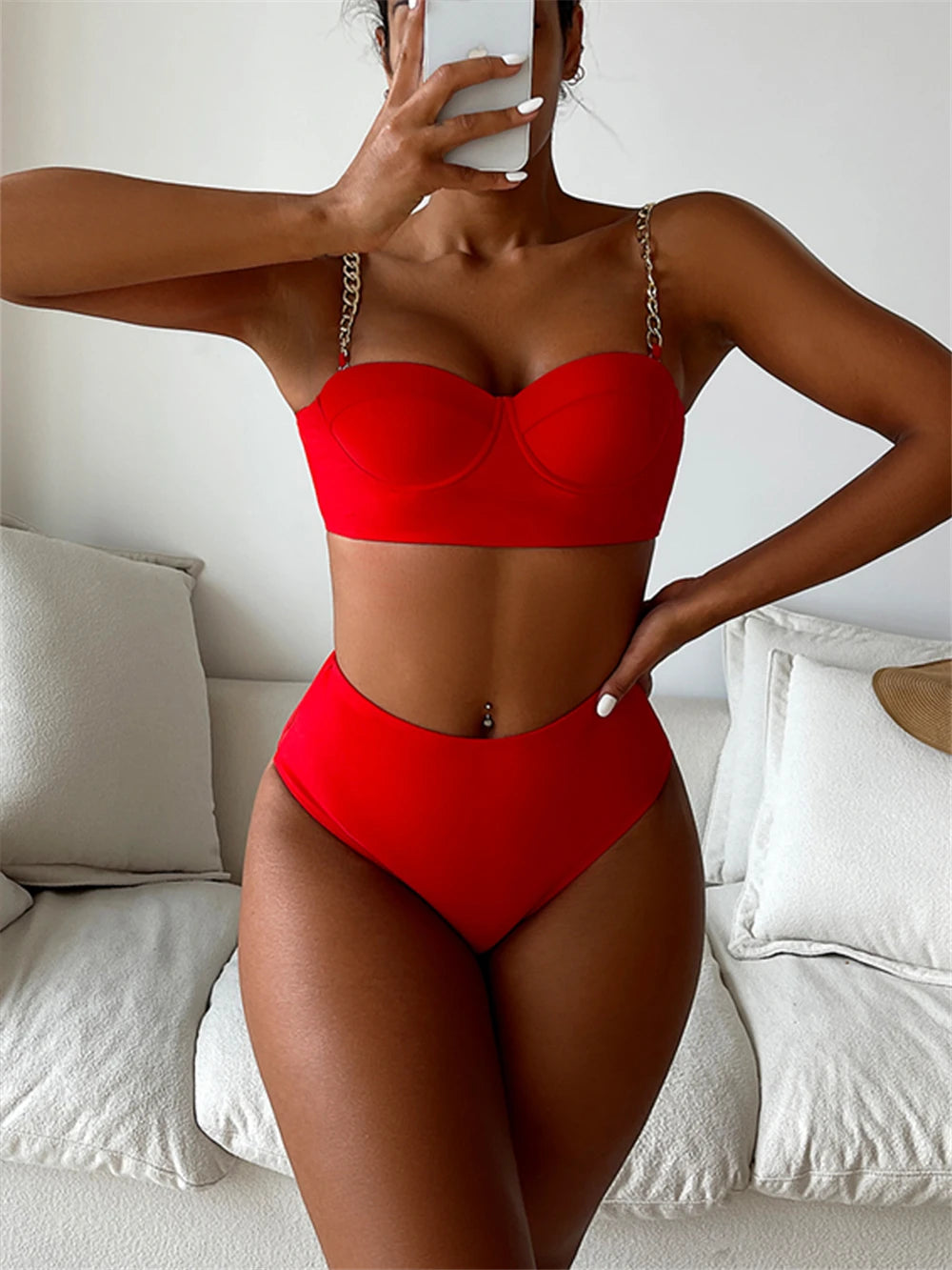 Kettenriemen-Bikinis 2026 Damen einfarbiger Push-up-Badeanzug High Waist Bademode weiblich sexy Badeanzug Schwimmen Sommer Strandmode