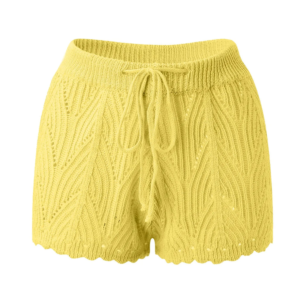 2026 Neue hohle gehäkelte Strick-Badeshorts mit Kordelzug und elastischem Bund für Damen, Sommer, sexy Strand-Cover-Ups, Shorts, Bademode, Pareo